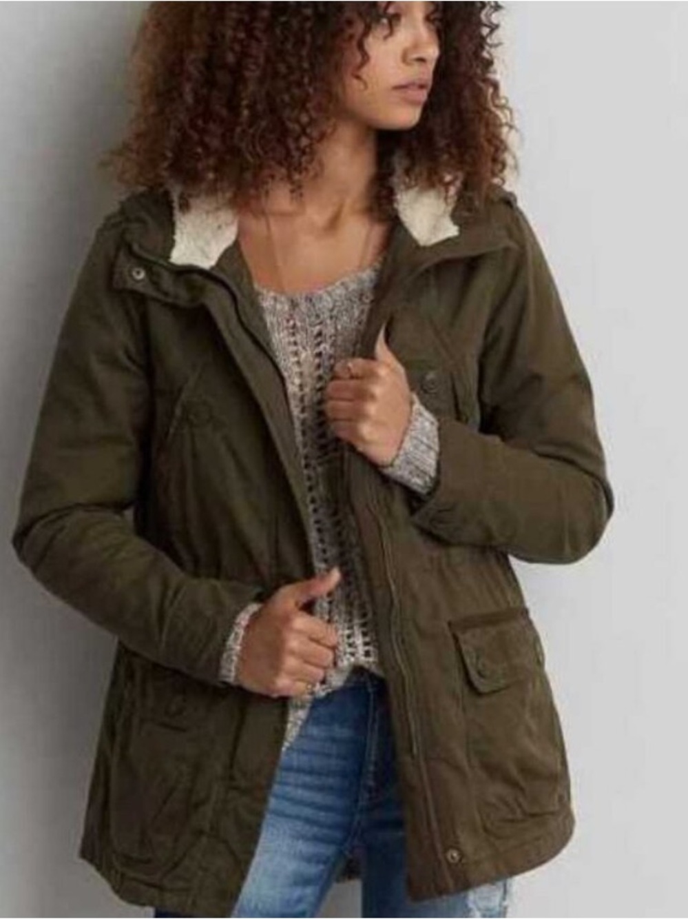 American Eagle Outfitters Olive Utility Hooded Jacket with Sherpa Trim